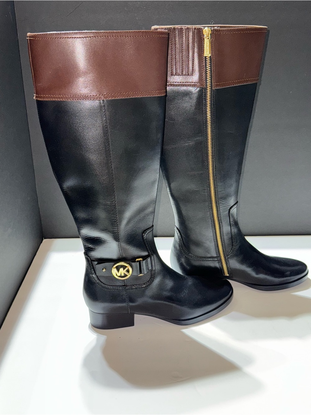 Michael Kors Black Leather Knee Boots with Brown Cuff and Gold Hardware